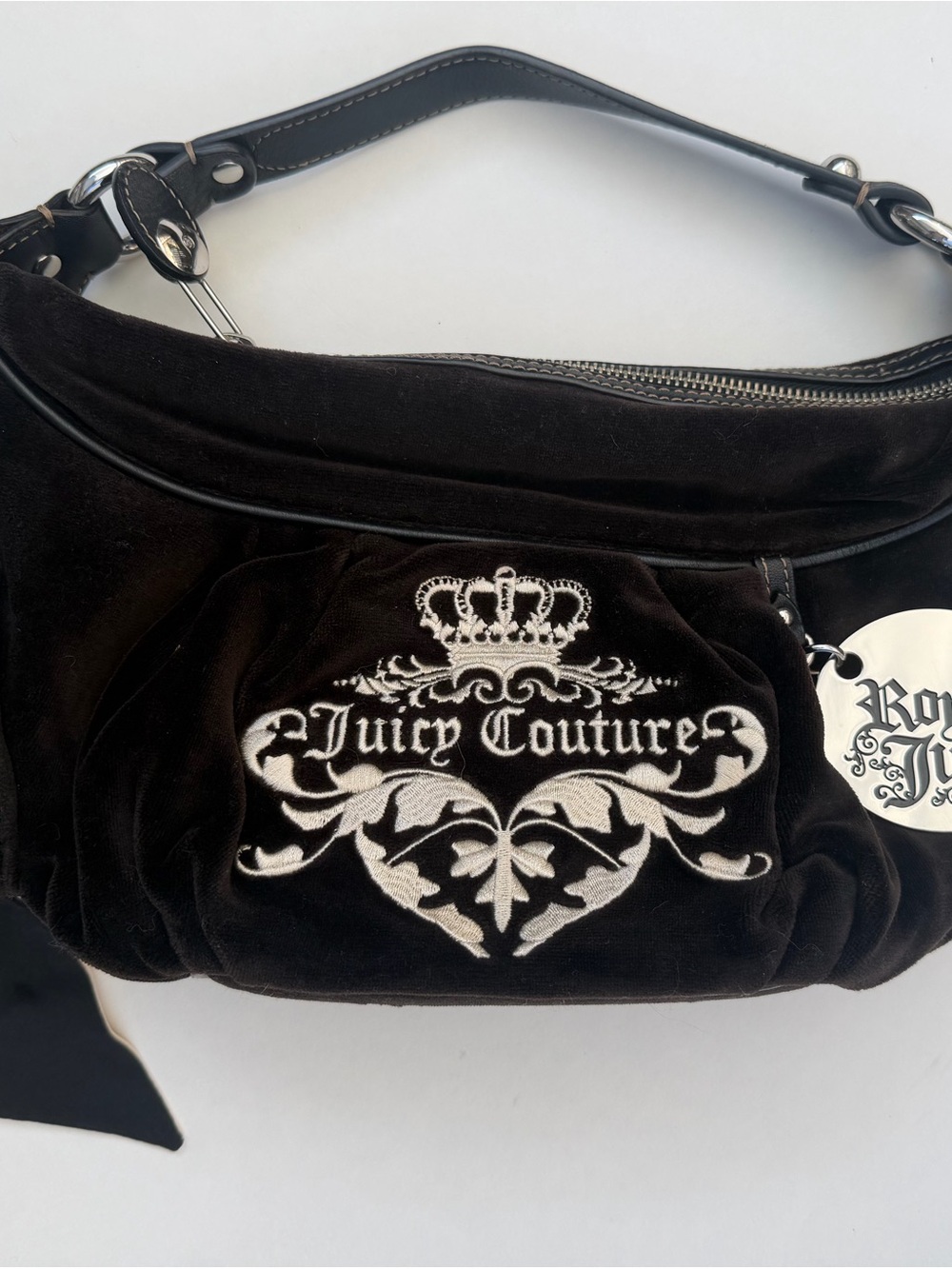 Juicy Couture Black Velour Shoulder Bag with White Embroidered Logo